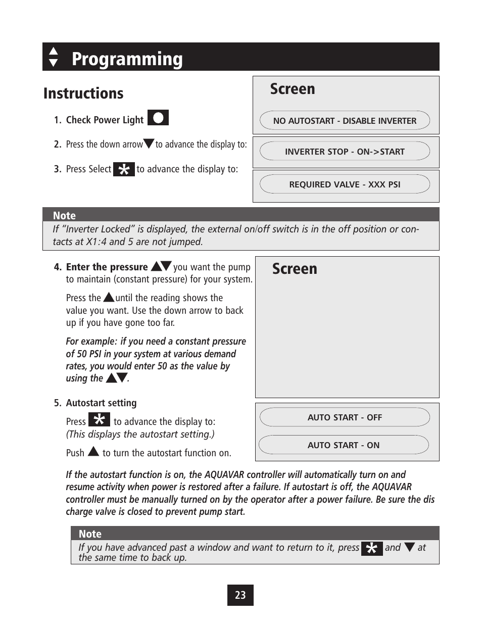 Programming, Instructions, Screen | Xylem IM043 AQUAVAR Variable Speed Pump Control User Manual | Page 24 / 84