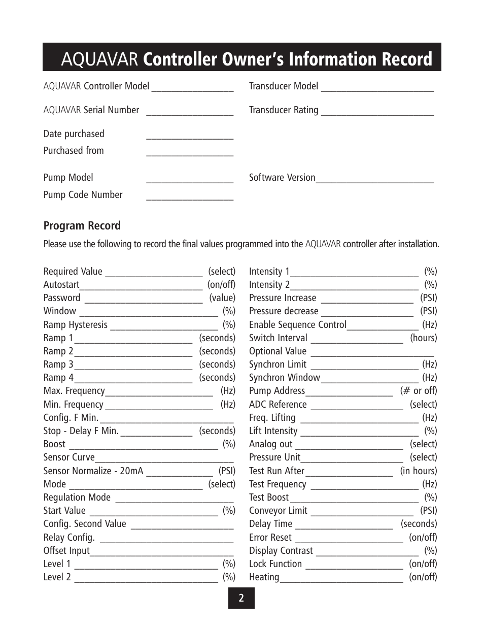 Aquavar controller owner’s information record | Xylem IM043 AQUAVAR Variable Speed Pump Control User Manual | Page 3 / 84