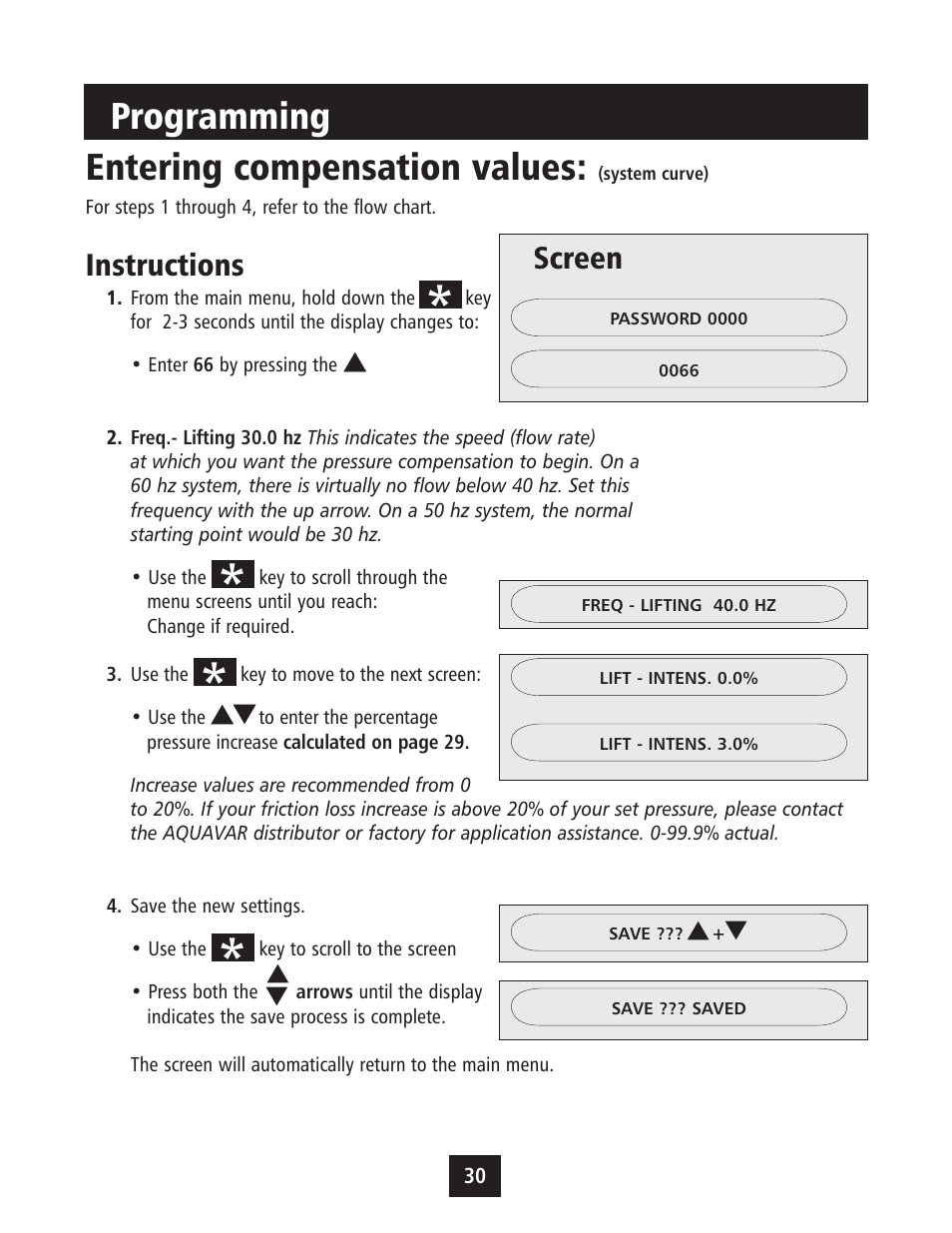 Entering compensation values, Programming, Instructions | Screen | Xylem IM043 AQUAVAR Variable Speed Pump Control User Manual | Page 31 / 84