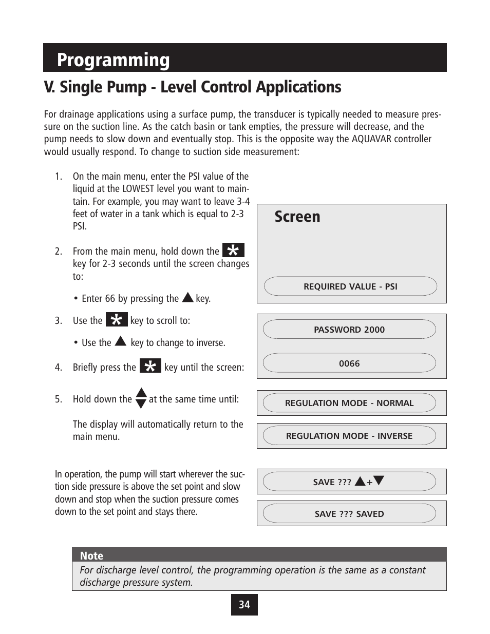 Programming, V. single pump - level control applications, Screen | Xylem IM043 AQUAVAR Variable Speed Pump Control User Manual | Page 35 / 84
