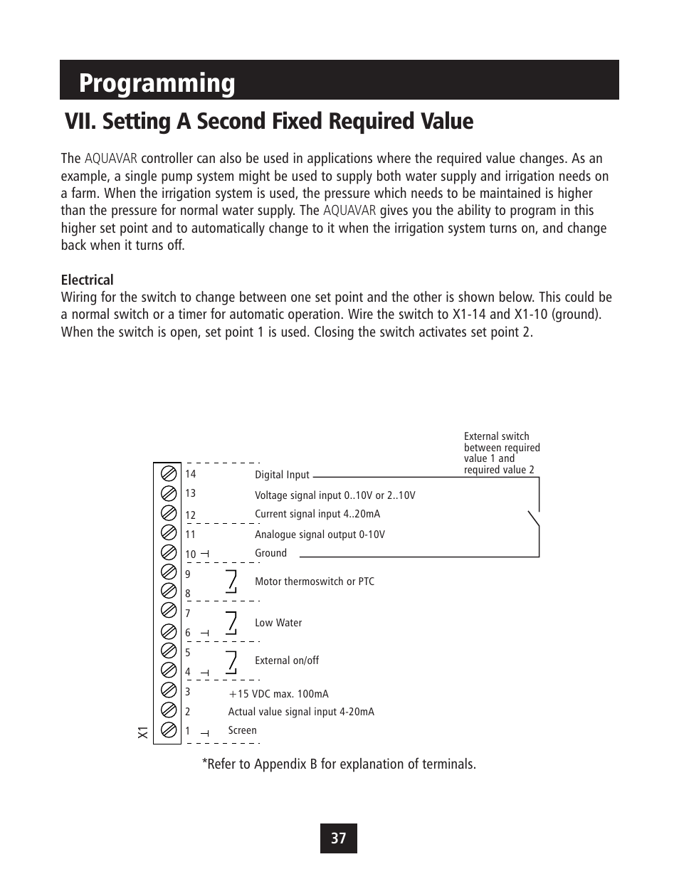 Programming, Vii. setting a second fixed required value | Xylem IM043 AQUAVAR Variable Speed Pump Control User Manual | Page 38 / 84