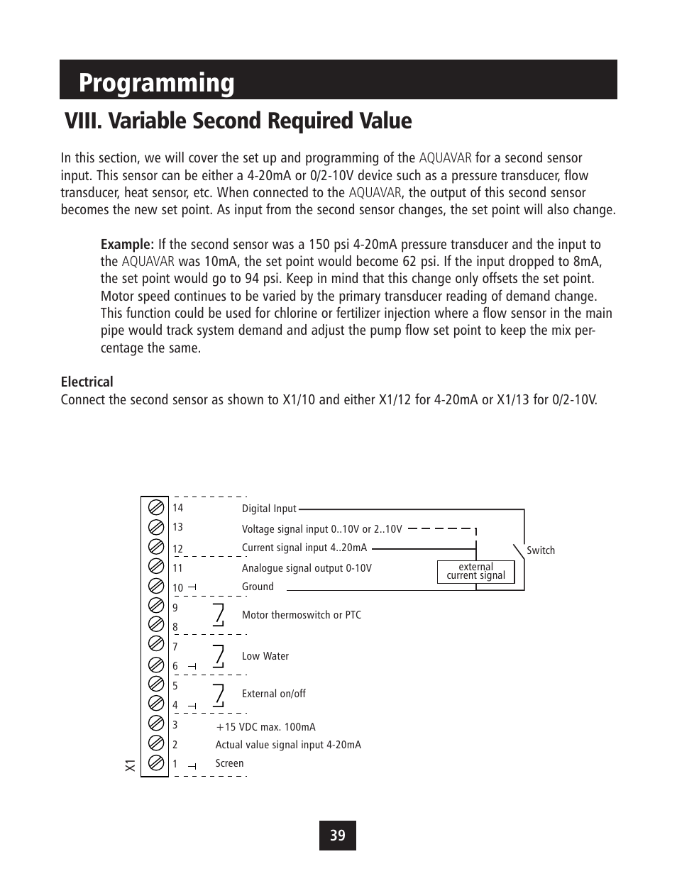 Programming, Viii. variable second required value | Xylem IM043 AQUAVAR Variable Speed Pump Control User Manual | Page 40 / 84