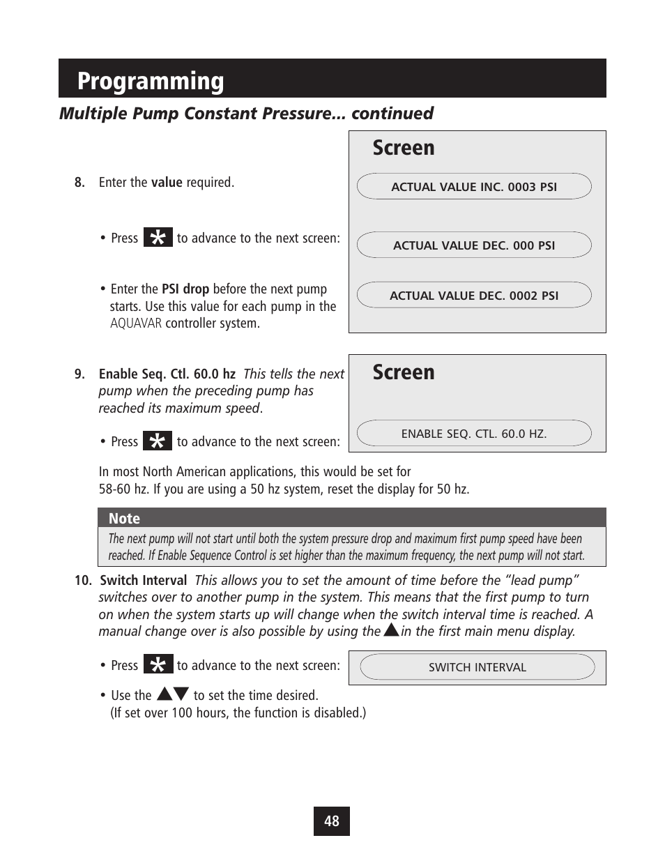 Programming, Screen | Xylem IM043 AQUAVAR Variable Speed Pump Control User Manual | Page 49 / 84