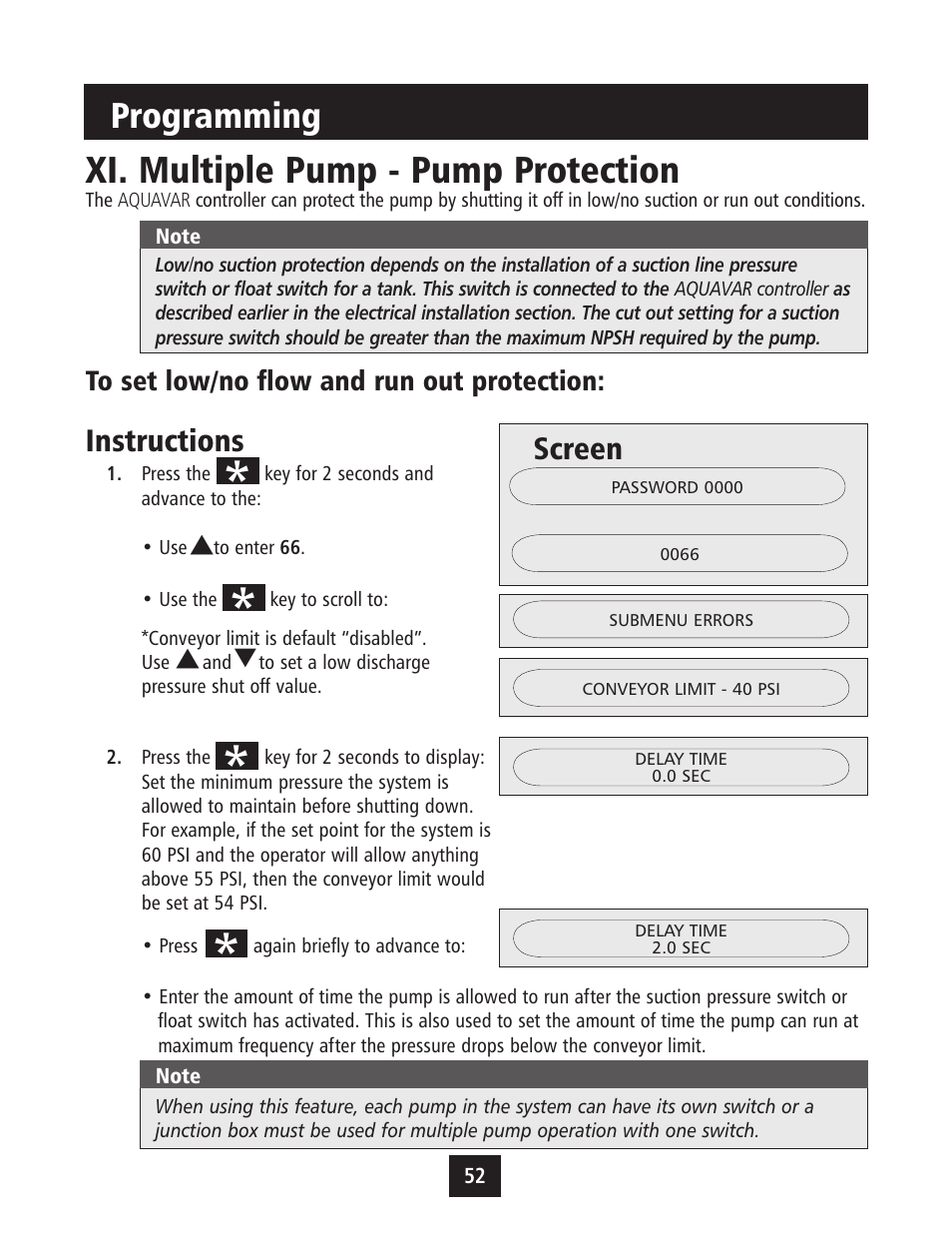 Xi. multiple pump - pump protection, Programming, Instructions | Screen | Xylem IM043 AQUAVAR Variable Speed Pump Control User Manual | Page 53 / 84