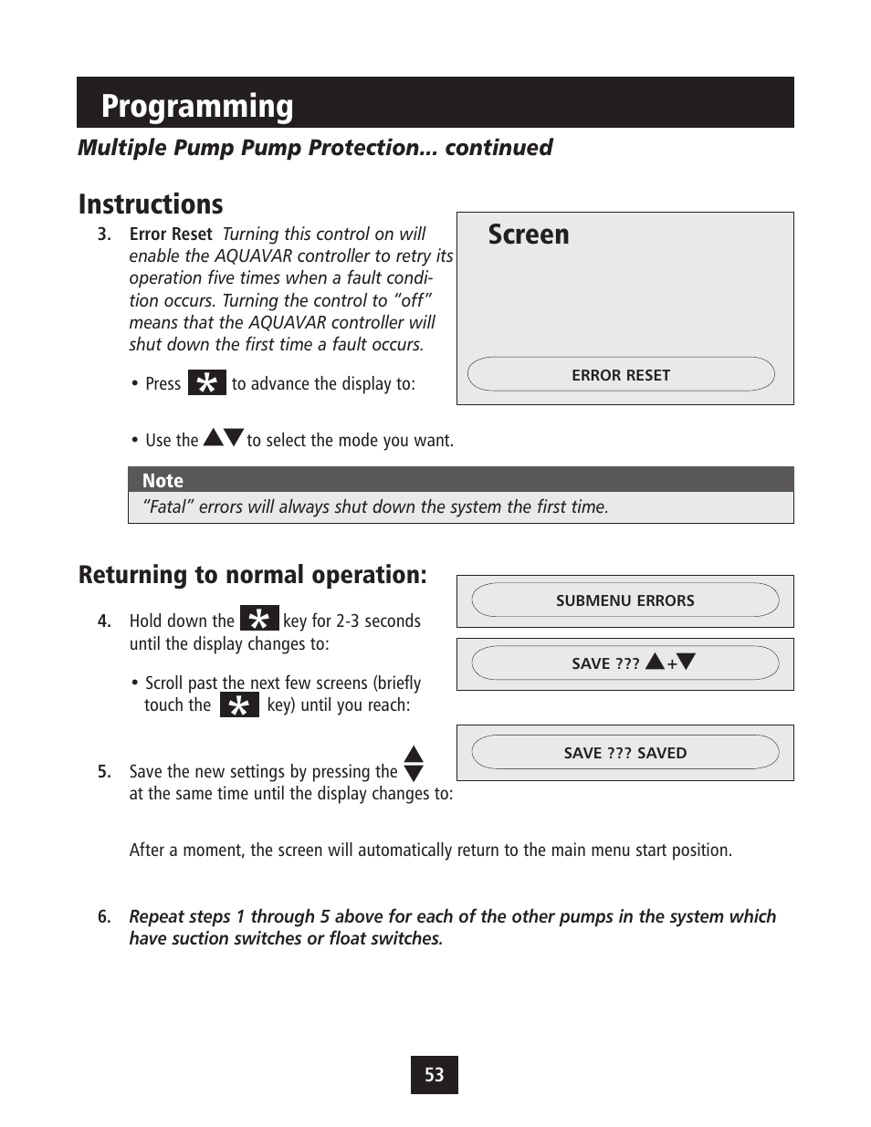 Programming, Instructions, Screen | Returning to normal operation | Xylem IM043 AQUAVAR Variable Speed Pump Control User Manual | Page 54 / 84