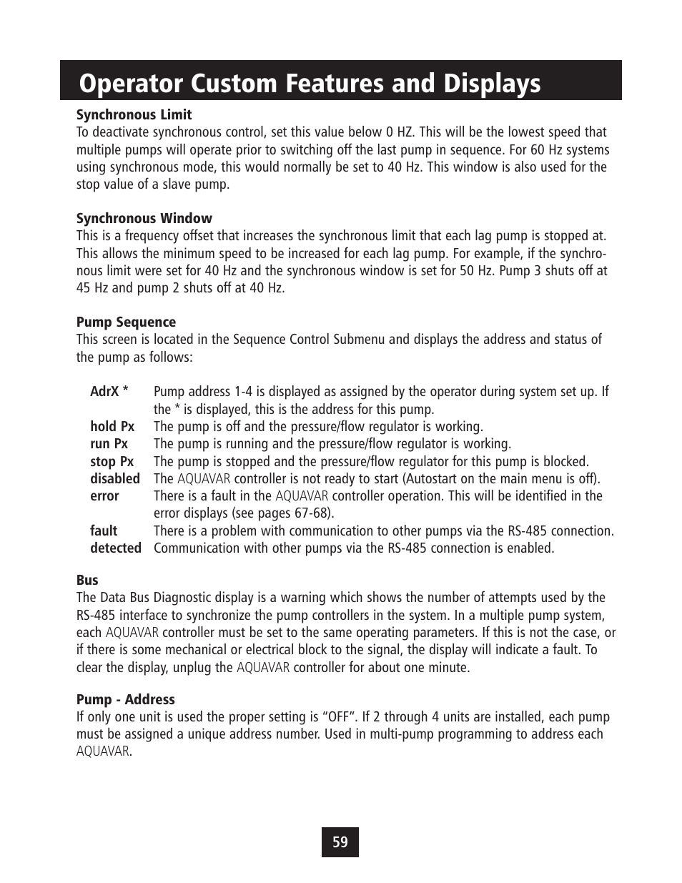 Operator custom features and displays | Xylem IM043 AQUAVAR Variable Speed Pump Control User Manual | Page 60 / 84