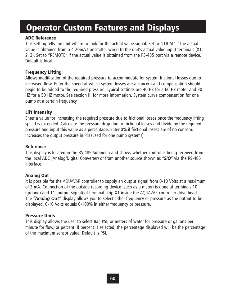 Operator custom features and displays | Xylem IM043 AQUAVAR Variable Speed Pump Control User Manual | Page 61 / 84
