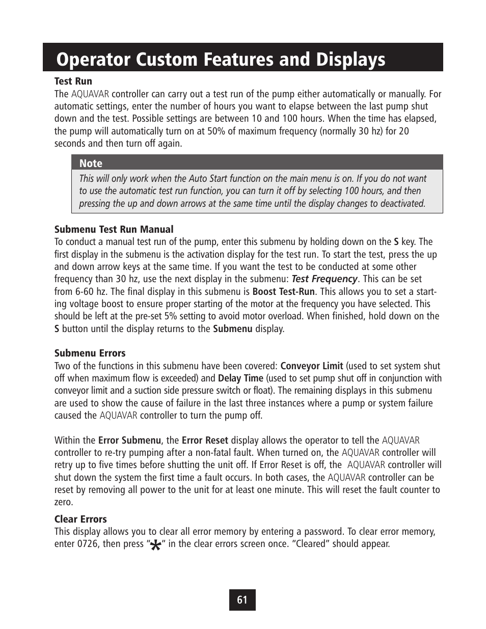 Operator custom features and displays | Xylem IM043 AQUAVAR Variable Speed Pump Control User Manual | Page 62 / 84