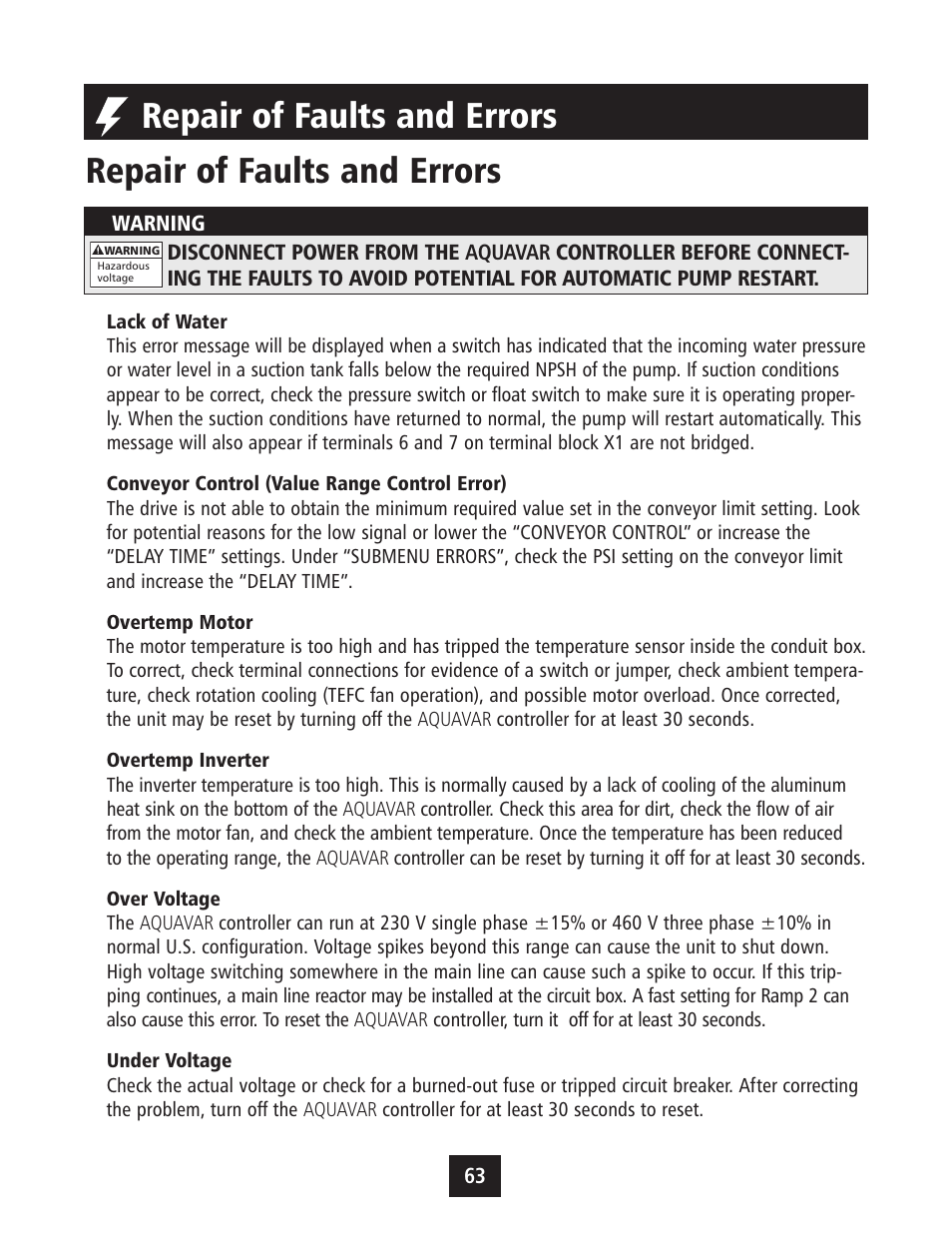 Repair of faults and errors | Xylem IM043 AQUAVAR Variable Speed Pump Control User Manual | Page 64 / 84