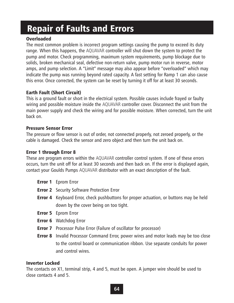 Repair of faults and errors | Xylem IM043 AQUAVAR Variable Speed Pump Control User Manual | Page 65 / 84
