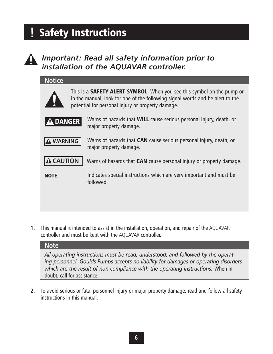 Safety instructions | Xylem IM043 AQUAVAR Variable Speed Pump Control User Manual | Page 7 / 84