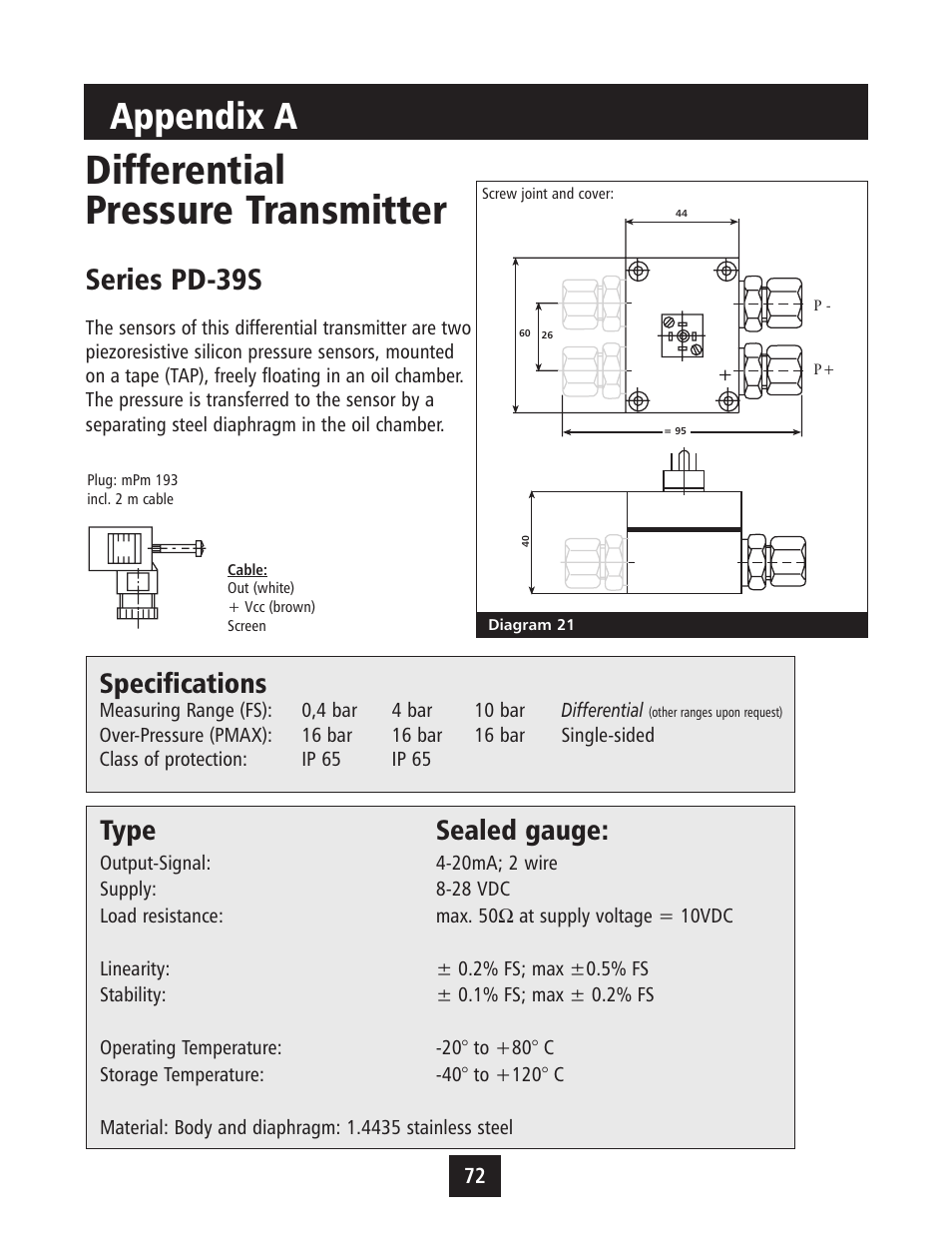 Differential pressure transmitter, Appendix a, Series pd-39s | Specifications, Type sealed gauge | Xylem IM043 AQUAVAR Variable Speed Pump Control User Manual | Page 73 / 84
