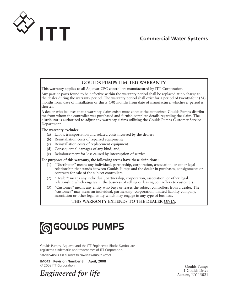 Engineered for life | Xylem IM043 AQUAVAR Variable Speed Pump Control User Manual | Page 84 / 84