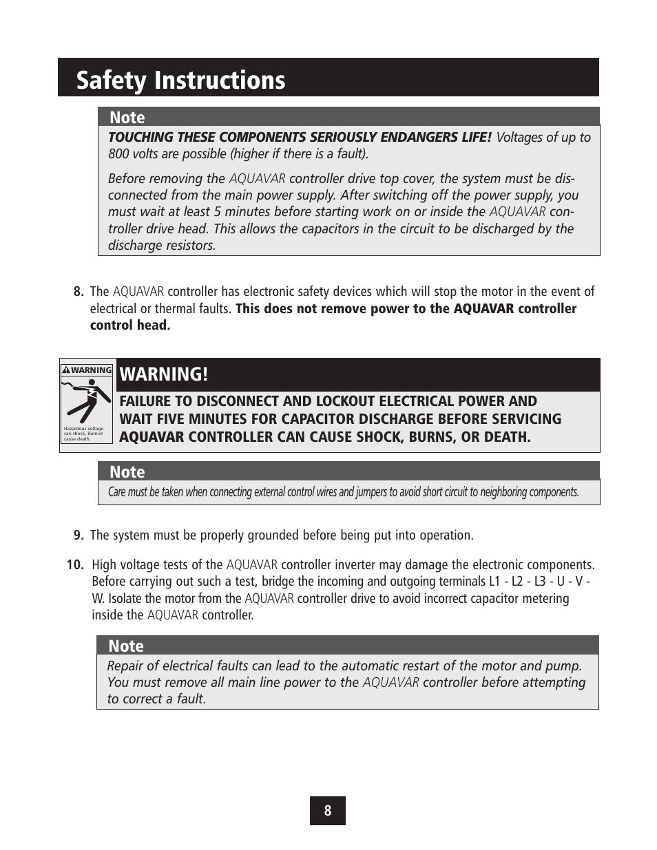 Safety instructions, Warning | Xylem IM043 AQUAVAR Variable Speed Pump Control User Manual | Page 9 / 84
