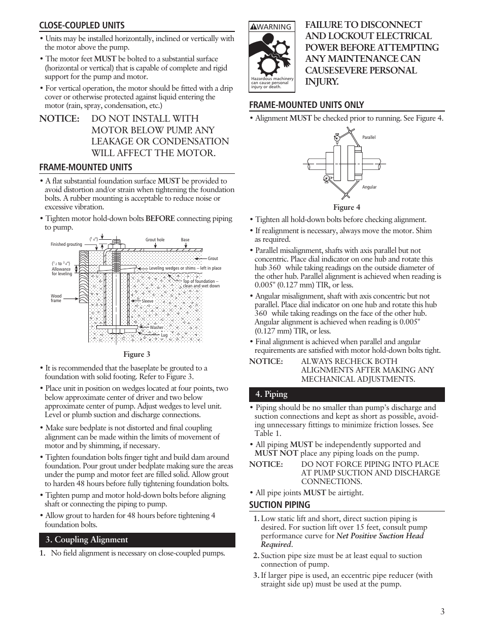 Close-coupled units, Suction piping, Coupling alignment | Piping | Xylem IM100 Model SFH/SFC User Manual | Page 3 / 24