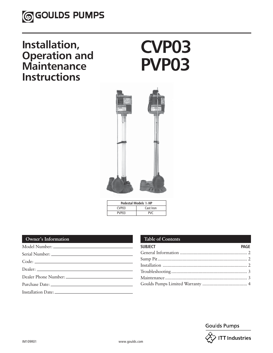 Xylem IM109 CVP03 PVP03 User Manual | 12 pages