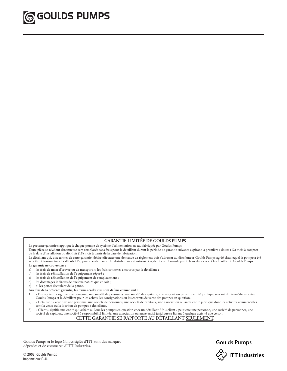 Cette garantie se rapporte au détaillant seulement | Xylem IM109 CVP03 PVP03 User Manual | Page 12 / 12