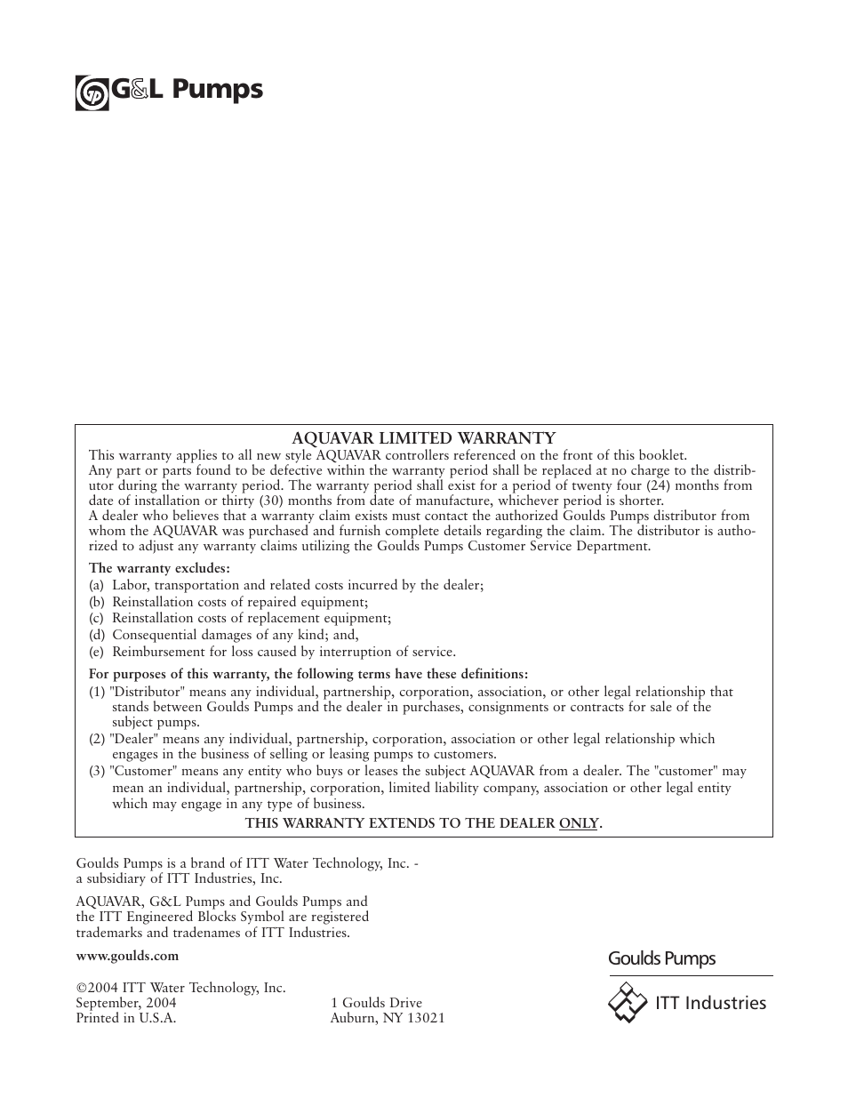 G l pumps, Goulds pumps, Itt industries | Xylem IM154 R01 AQUAVAR User Manual | Page 8 / 8
