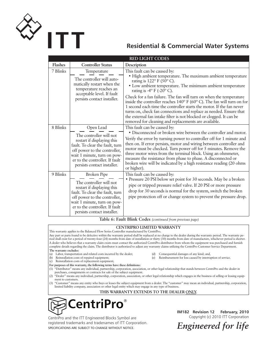 Centripro, Engineered for life, Residential & commercial water systems | Xylem IM182 Balanced Flow User Manual | Page 12 / 40
