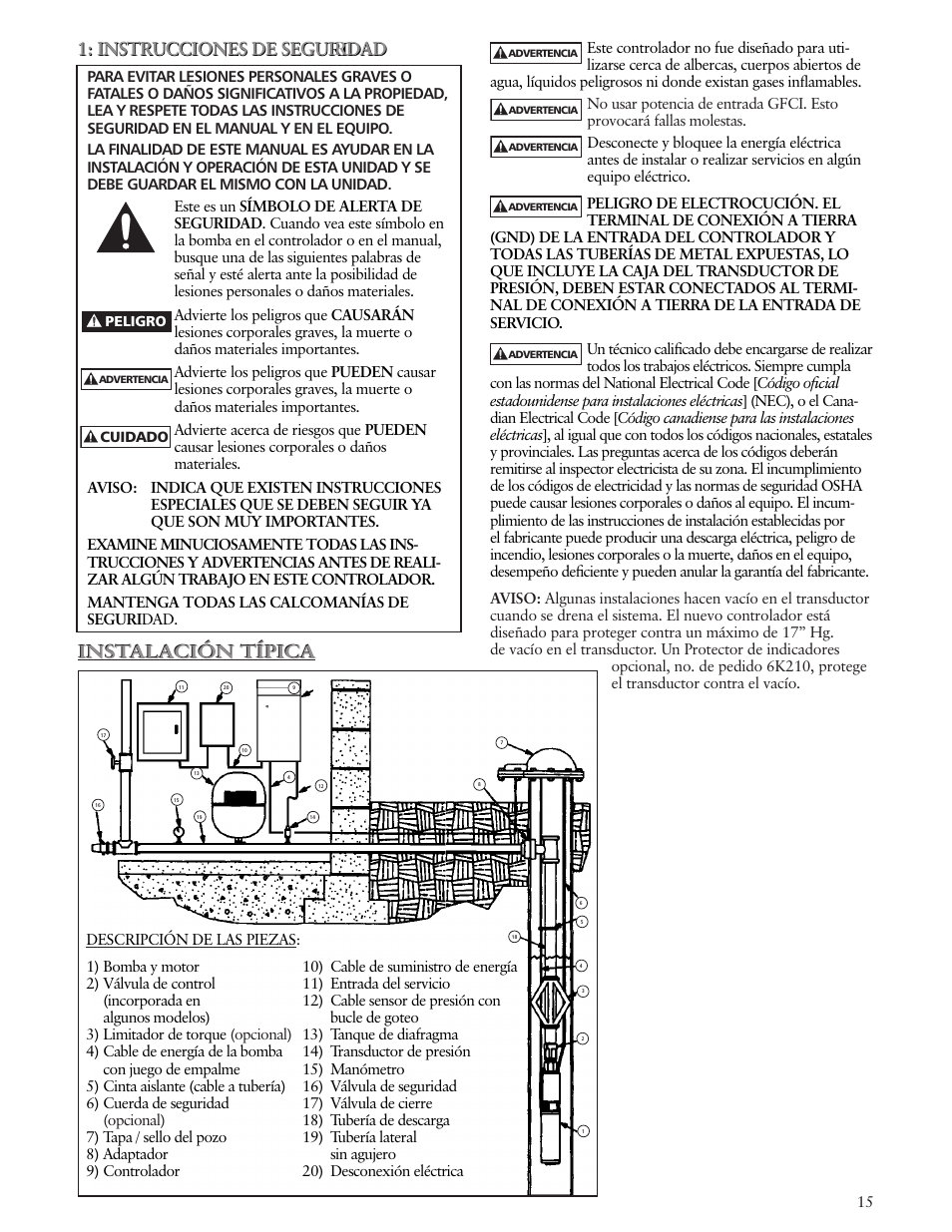 Instalación típica, Instrucciones de seguridad, Instrucciones de seguirdad | Xylem IM182 Balanced Flow User Manual | Page 15 / 40