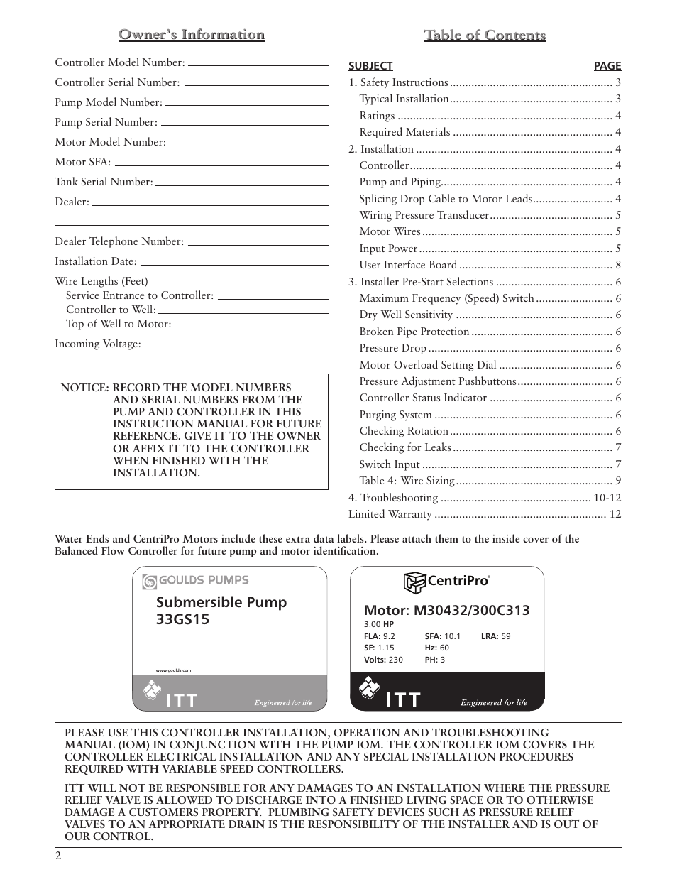 Submersible pump 33gs15, Centripro | Xylem IM182 Balanced Flow User Manual | Page 2 / 40
