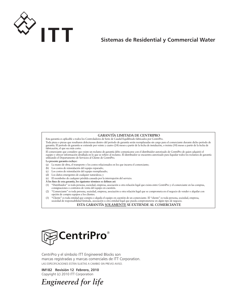 Centripro, Engineered for life, Sistemas de residential y commercial water | Xylem IM182 Balanced Flow User Manual | Page 26 / 40