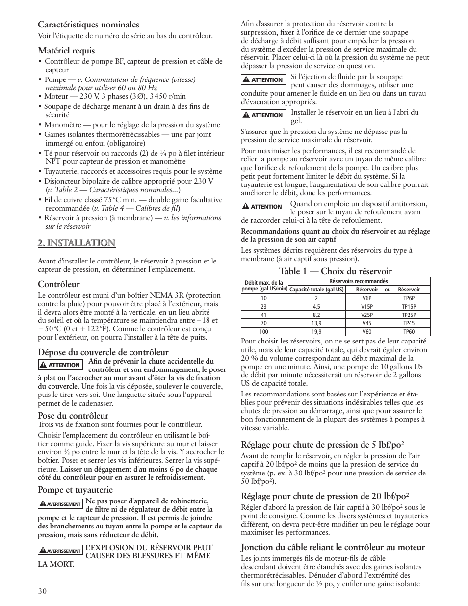 Caractéristiques nominales, Matériel requis, Installation | Contrôleur, Dépose du couvercle de contrôleur, Pose du contrôleur, Pompe et tuyauterie, Table 1 — choix du réservoir, Réglage pour chute de pression de 5 lbf/po, Réglage pour chute de pression de 20 lbf/po | Xylem IM182 Balanced Flow User Manual | Page 30 / 40