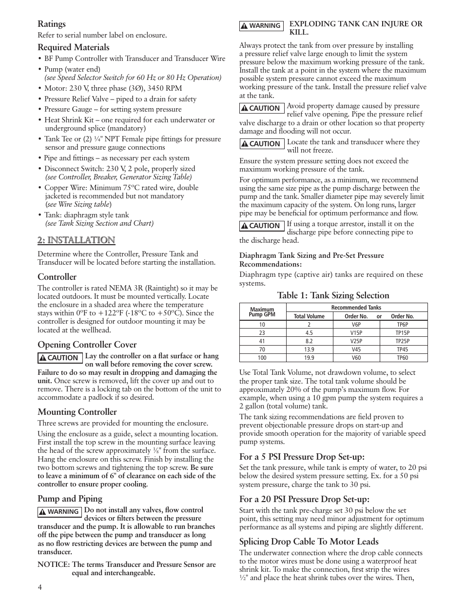 Ratings, Required materials, Installation | Controller, Opening controller cover, Mounting controller, Pump and piping, Table 1: tank sizing selection, For a 5 psi pressure drop set-up, For a 20 psi pressure drop set-up | Xylem IM182 Balanced Flow User Manual | Page 4 / 40