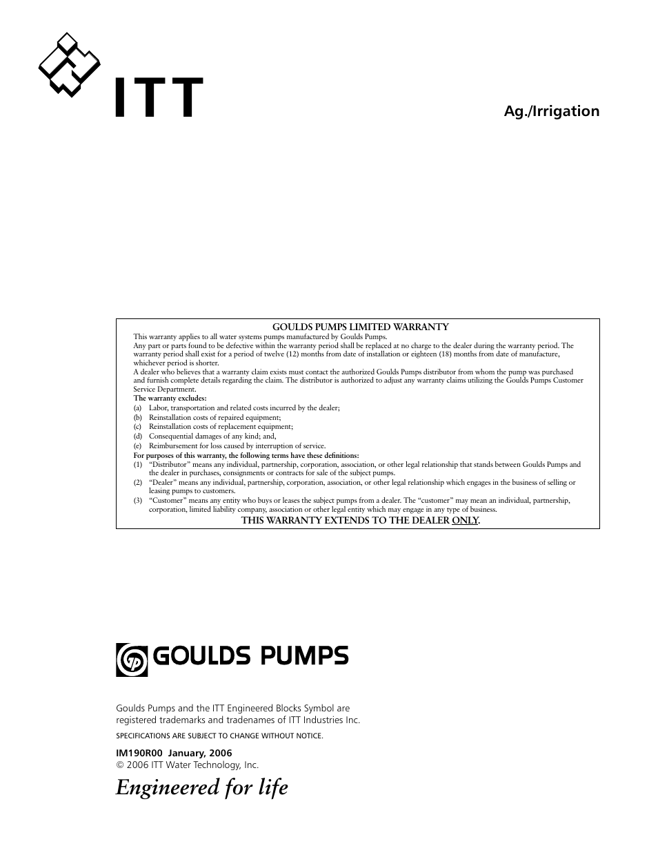Engineered for life, Ag./irrigation | Xylem IM190 R00 Ag-Flo User Manual | Page 14 / 48