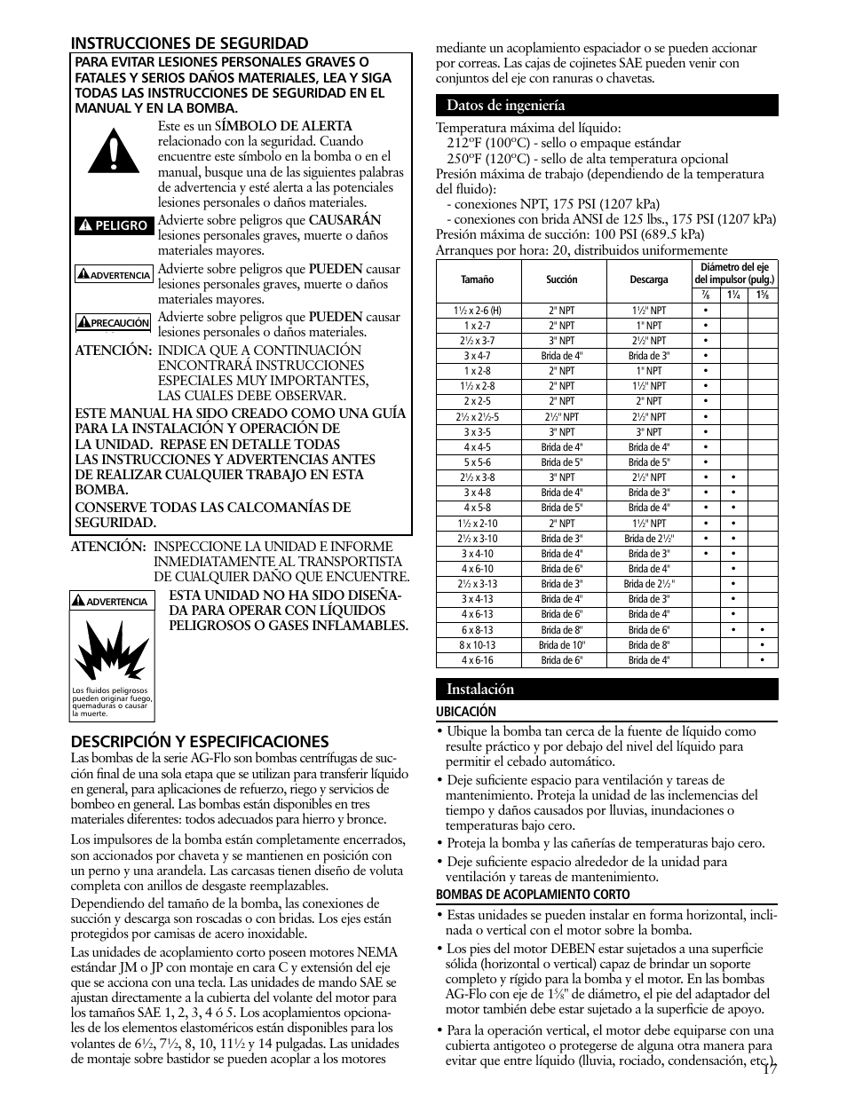 Instrucciones de seguridad, Descripción y especificaciones, Datos de ingeniería | Instalación | Xylem IM190 R00 Ag-Flo User Manual | Page 17 / 48