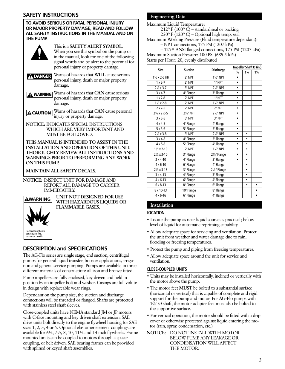 Safety instructions, Description and specifications, Engineering data | Installation | Xylem IM190 R00 Ag-Flo User Manual | Page 3 / 48