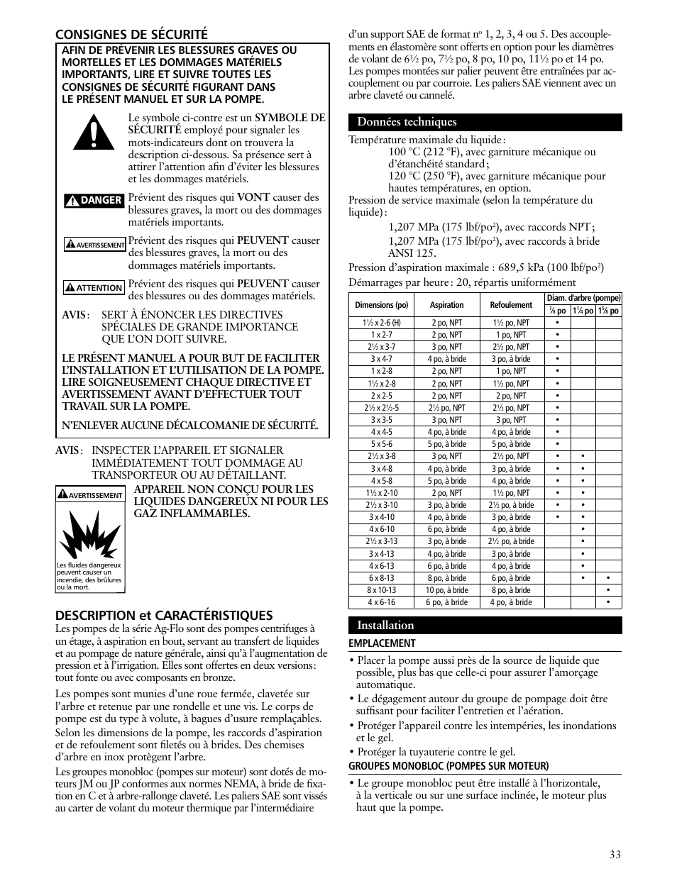 Consignes de sécurité, Description et caractéristiques, Données techniques | Installation | Xylem IM190 R00 Ag-Flo User Manual | Page 33 / 48