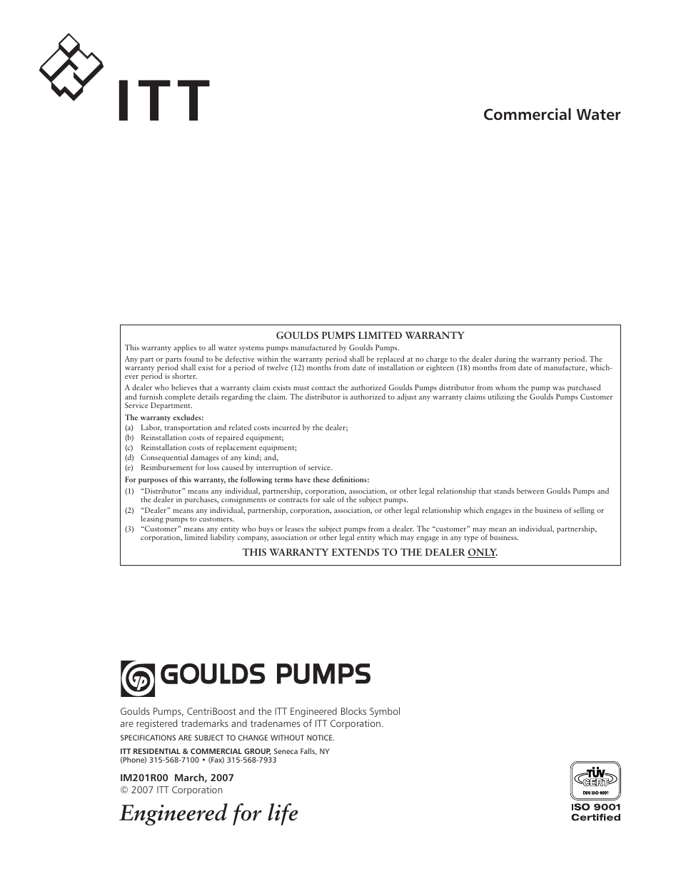 Engineered for life, Commercial water | Xylem IM201 CentriBoost Fixed Speed Pumping Package User Manual | Page 12 / 12