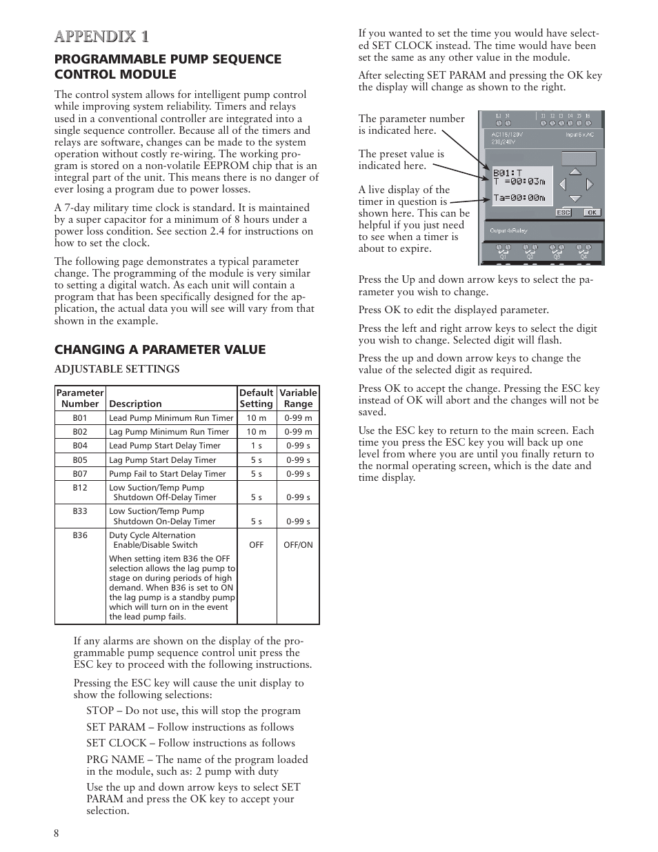 Appendix 1, Programmable pump sequence control module, Changing a parameter value | Xylem IM201 CentriBoost Fixed Speed Pumping Package User Manual | Page 8 / 12