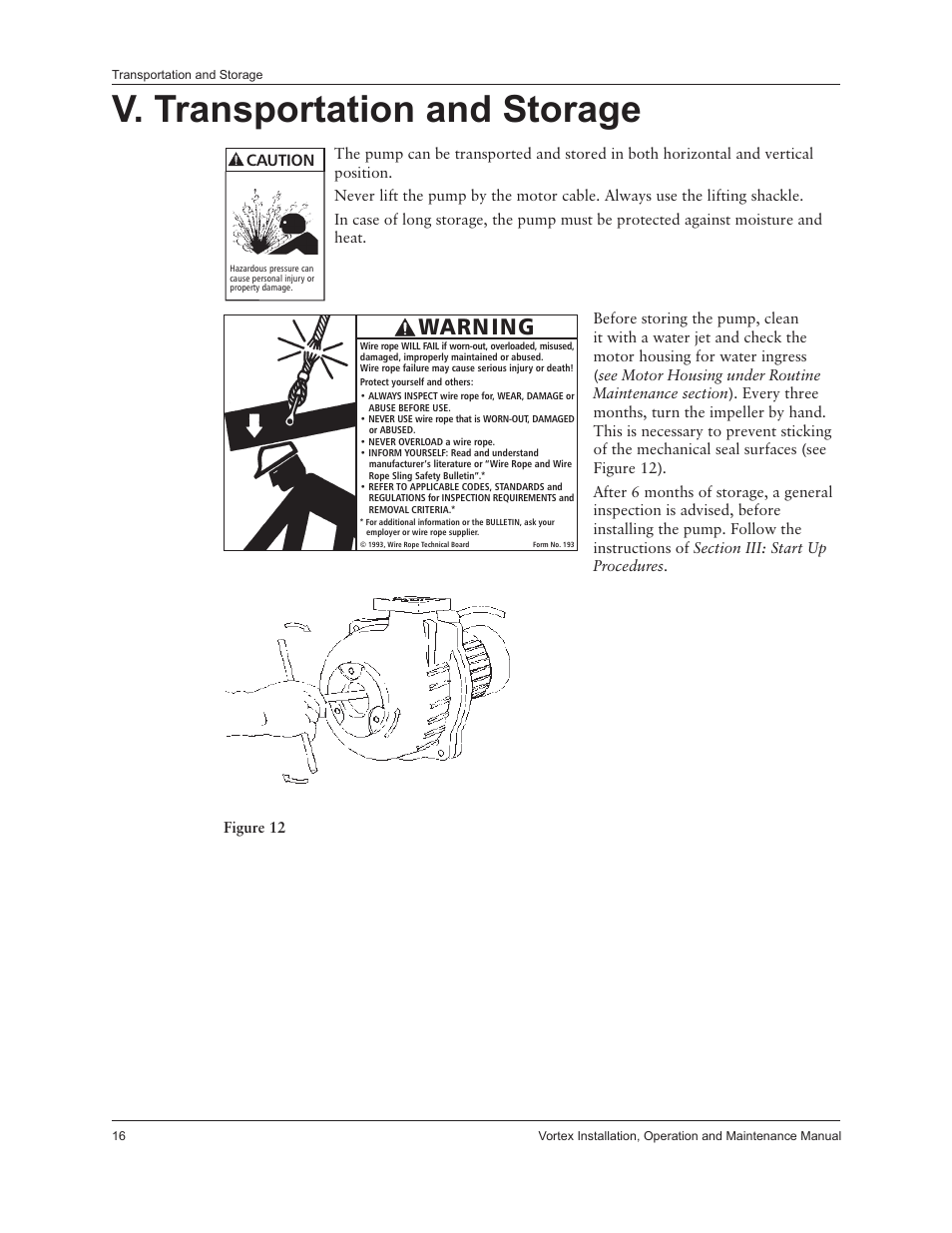 V. transportation and storage, Warning, Caution | Xylem IM205 Vortex Series User Manual | Page 18 / 24