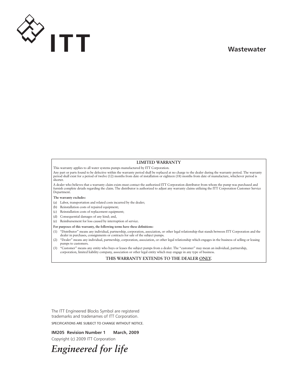 Engineered for life, Wastewater | Xylem IM205 Vortex Series User Manual | Page 24 / 24