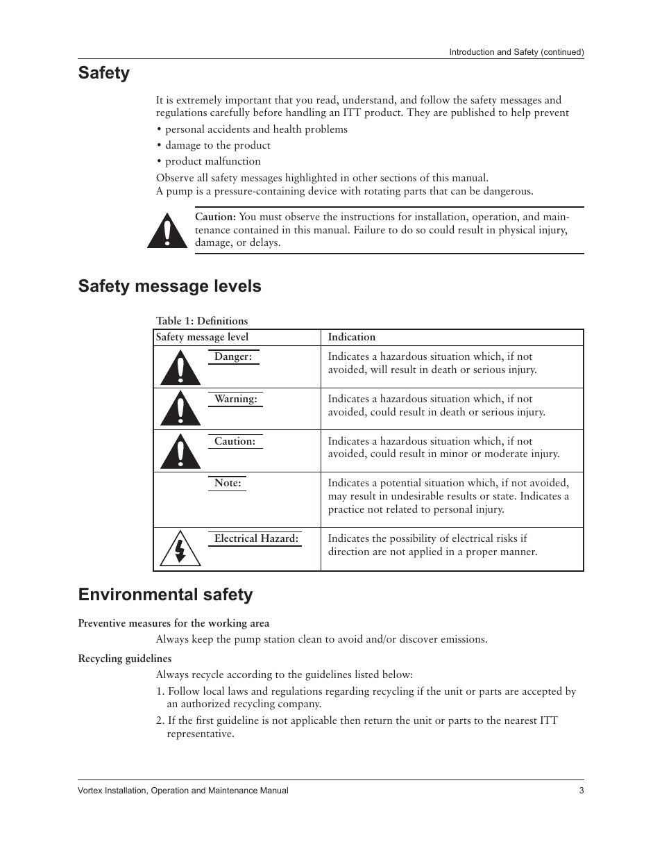Safety, Safety message levels, Environmental safety | Xylem IM205 Vortex Series User Manual | Page 5 / 24