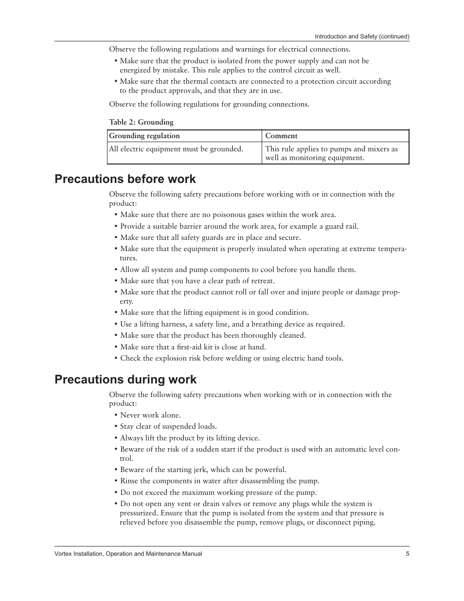 Precautions before work, Precautions during work | Xylem IM205 Vortex Series User Manual | Page 7 / 24