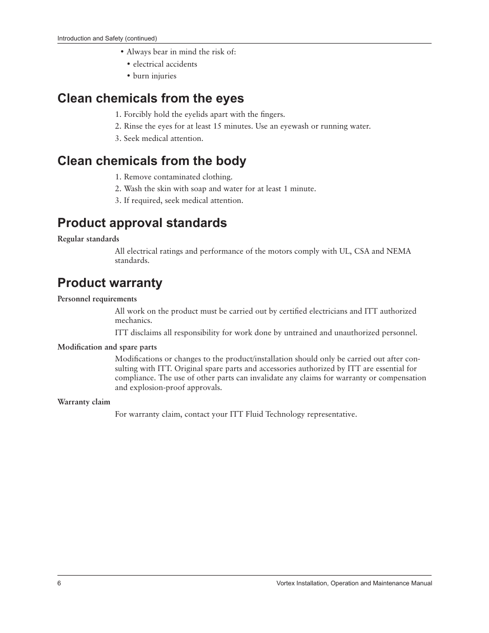 Clean chemicals from the eyes, Clean chemicals from the body, Product approval standards | Product warranty | Xylem IM205 Vortex Series User Manual | Page 8 / 24