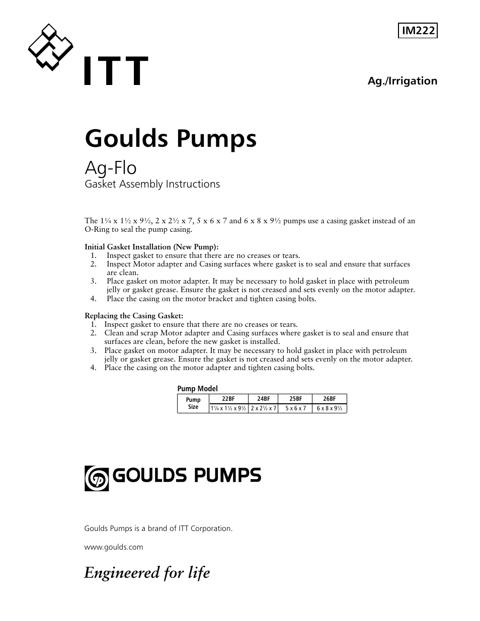 Xylem IM222 Ag-Flo Gasket Assembly Instructions User Manual | 2 pages