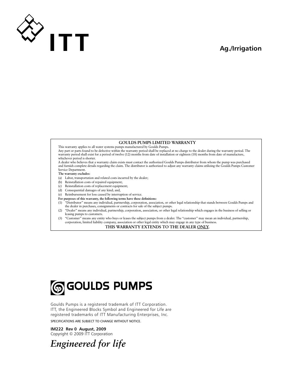 Engineered for life, Ag./irrigation | Xylem IM222 Ag-Flo Gasket Assembly Instructions User Manual | Page 2 / 2