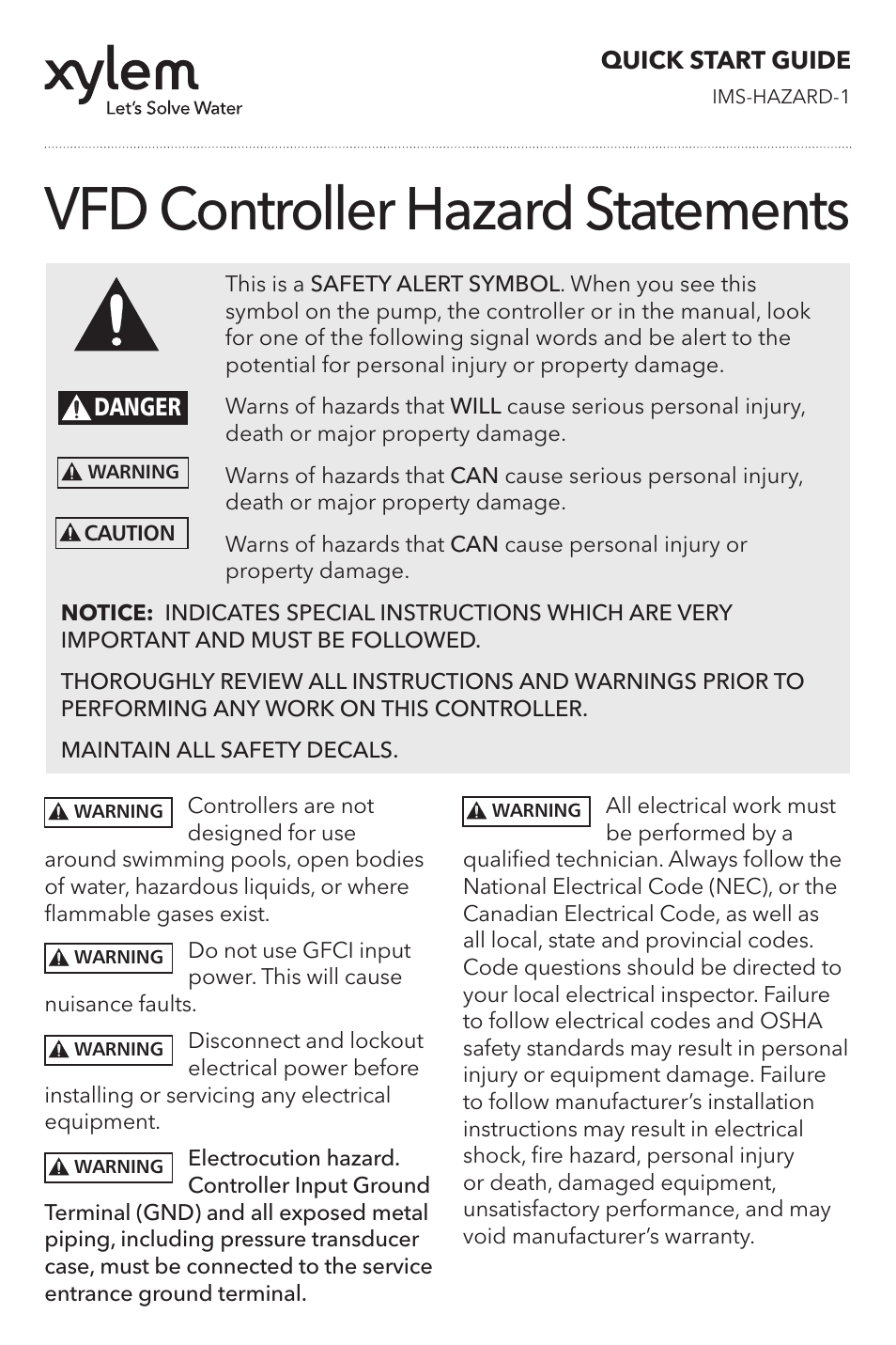Xylem VFD Quick Start Safety Guidelines User Manual | 2 pages