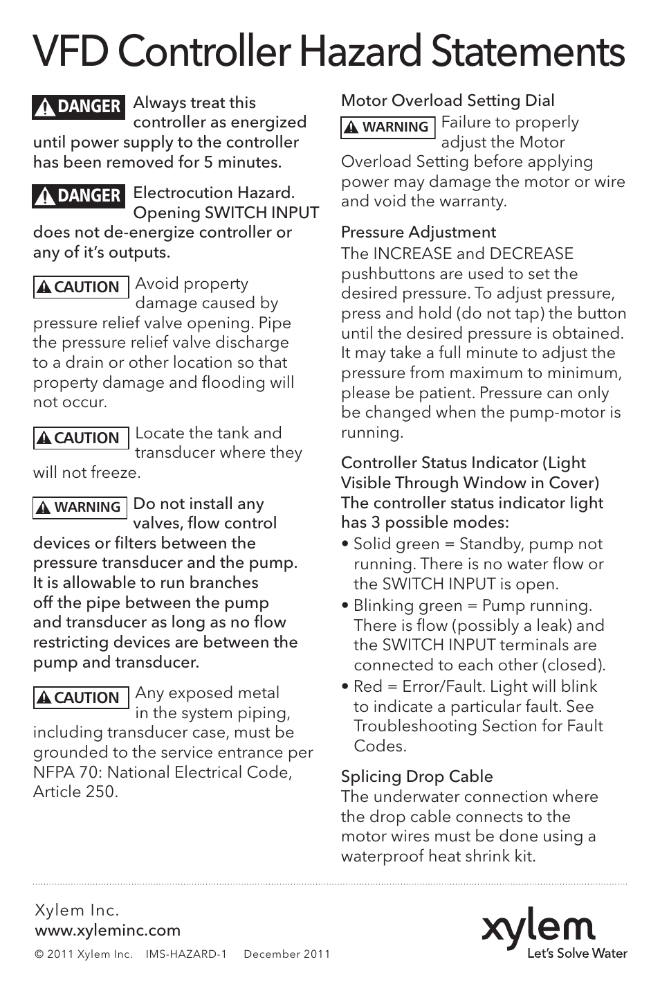 Vfd controller hazard statements | Xylem VFD Quick Start Safety Guidelines User Manual | Page 2 / 2