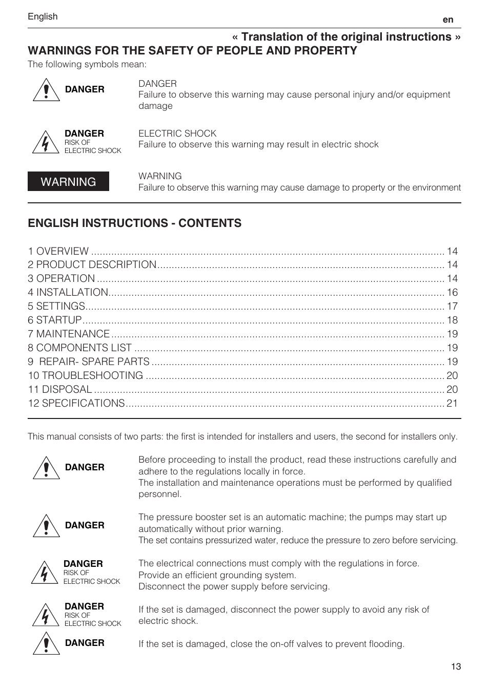 Warning, English instructions - contents | Xylem 2 Pump Booster Sets GXS20, GMD20, GMY20 User Manual | Page 13 / 88