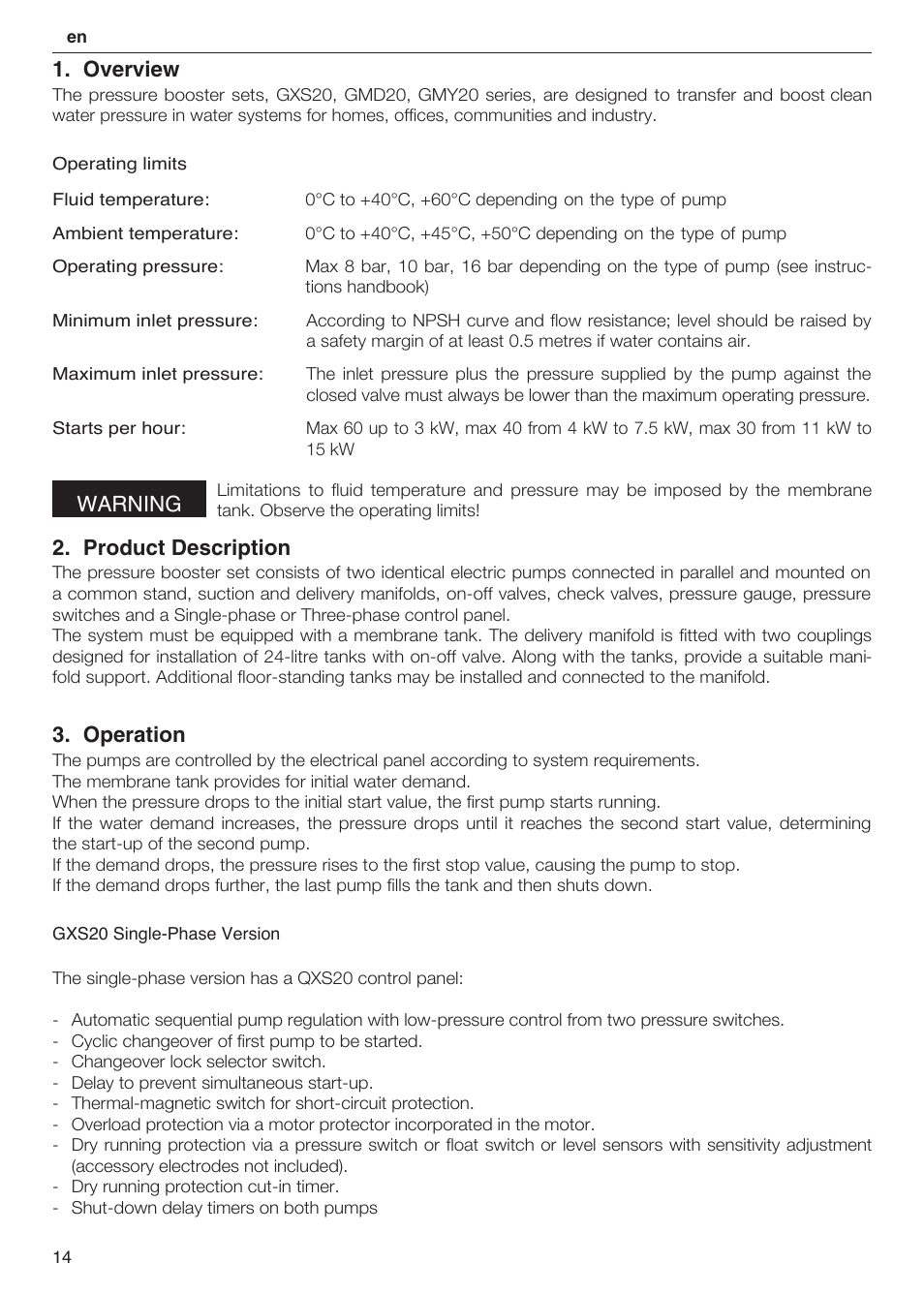 Overview, Warning, Product description | Operation | Xylem 2 Pump Booster Sets GXS20, GMD20, GMY20 User Manual | Page 14 / 88