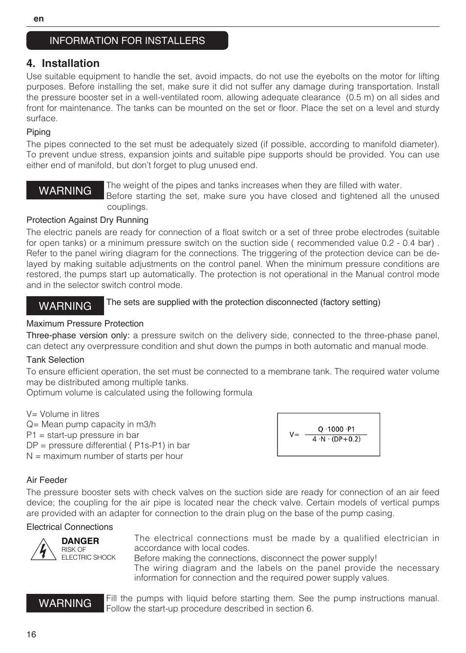 Installation, Warning | Xylem 2 Pump Booster Sets GXS20, GMD20, GMY20 User Manual | Page 16 / 88