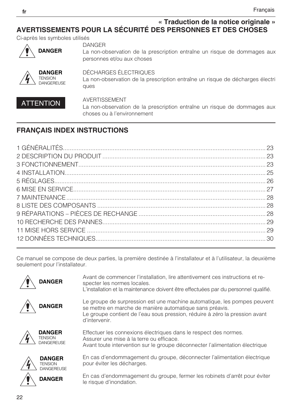 Attention, Français index instructions | Xylem 2 Pump Booster Sets GXS20, GMD20, GMY20 User Manual | Page 22 / 88