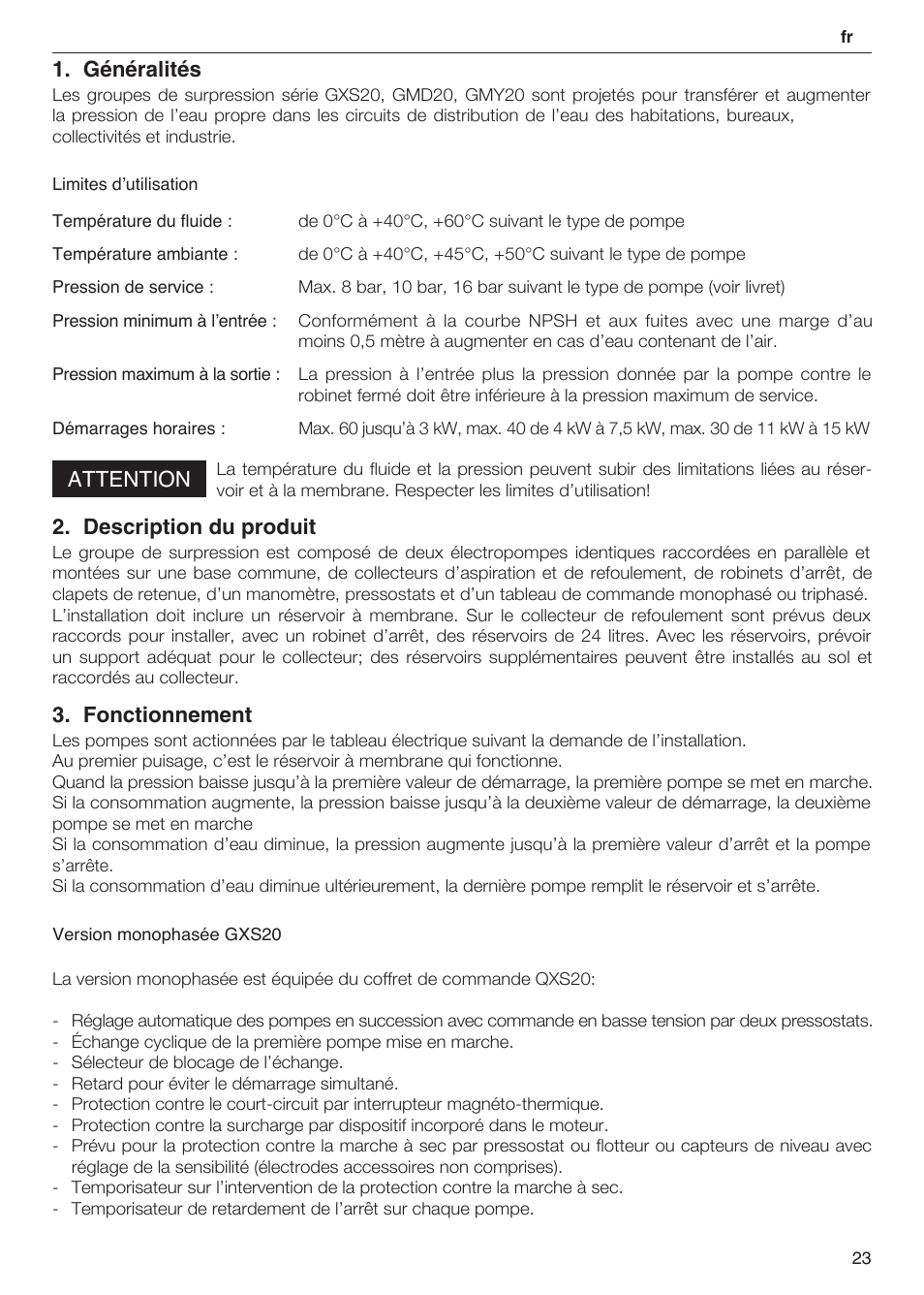 Généralités, Attention, Description du produit | Fonctionnement | Xylem 2 Pump Booster Sets GXS20, GMD20, GMY20 User Manual | Page 23 / 88