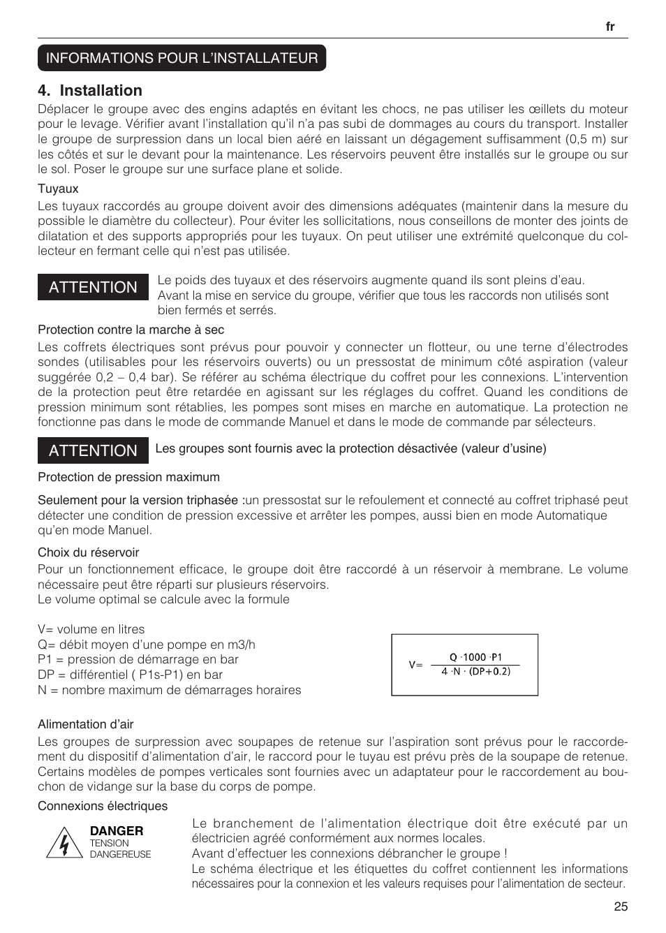Installation, Attention | Xylem 2 Pump Booster Sets GXS20, GMD20, GMY20 User Manual | Page 25 / 88