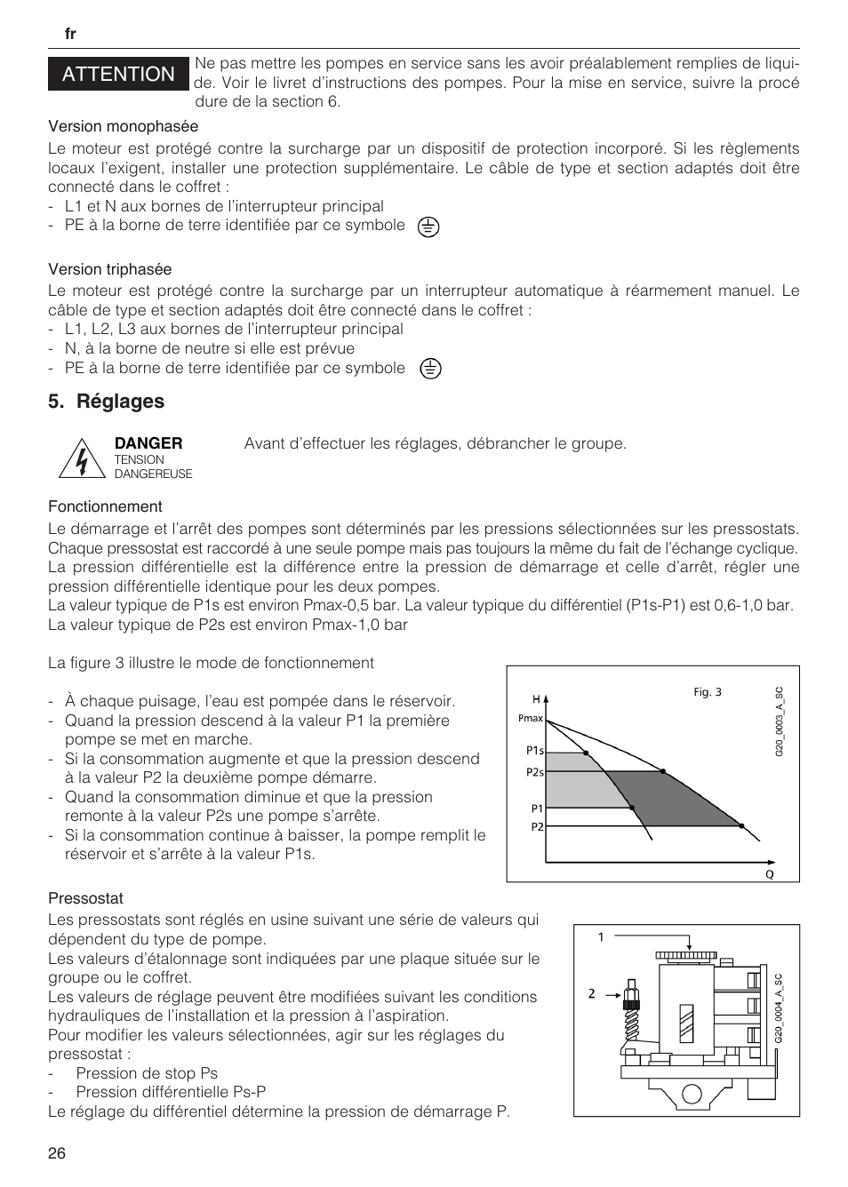 Attention, Réglages | Xylem 2 Pump Booster Sets GXS20, GMD20, GMY20 User Manual | Page 26 / 88